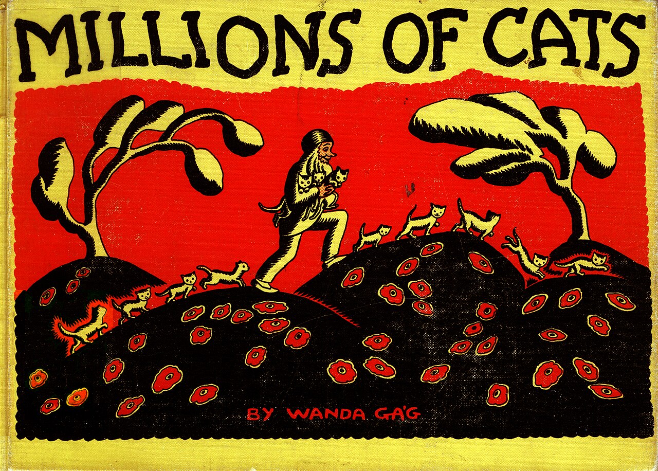 book cover showing man and cats going over hills