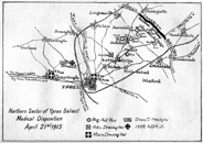 hand drawn map showing aid posts, dressing stations, headquarter and French, Canadian, and British line