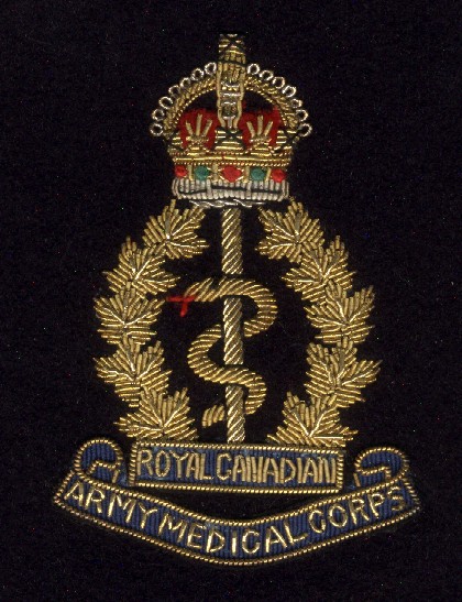 embroidered patch with crown, wreath, caduceus and the words Royal Canadian Army Medical Corps