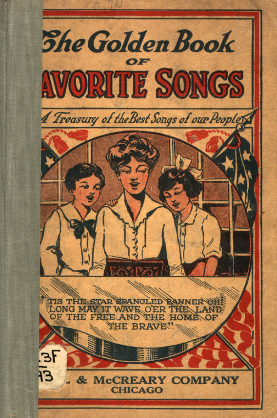 cloth cover of the book in red, white, black, and blue with an image of a 1940s era woman and two girls standing together singing.