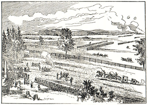 A panorama of fields and walls, people on foot and horseback, 2 horses with riders whipping them to speed, a gun carriage.