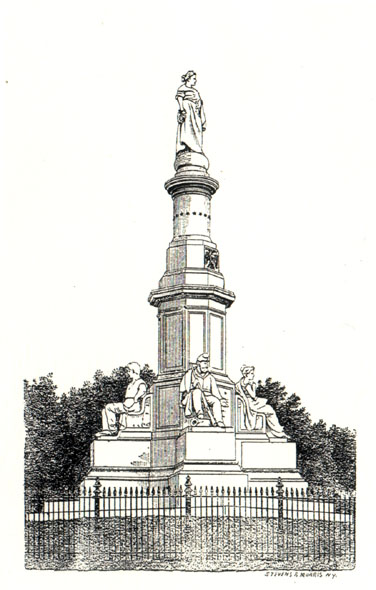 Statues around the base (History, War, Peace and Plenty). Standing on top, statue of the Genius of Liberty with a sword in one hand and the wreath of peace in the other.