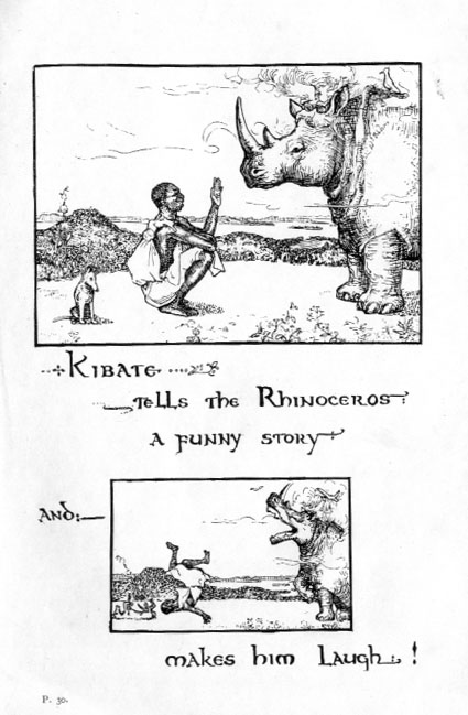Young man talks with rhinoceros. All rolling in laughter. Caption: Kibate tells the rhinoceros a funny story and makes him laugh!