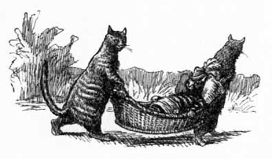 Barnac being carried in a basket by two cats