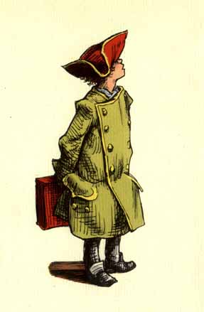 boy with oversized coat and hat holding suitcase behind his back