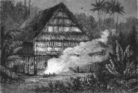 grass home on stilts with smoking fire on the earth in front of it