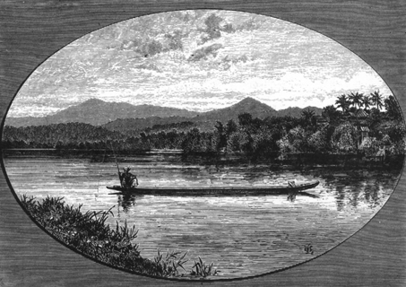 beautiful landscape with mountains in the background, single man on a long thin canoe in the foreground