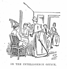 A woman in coat and bonnet speaking to one of a number of women sitting on chairs labeled In the intelligence office