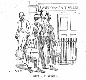 Two women carrying parcels walk by the outside of an employment agency with a gentleman in the background labeled Out of work.