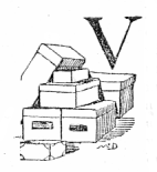 A stack of boxes next to the letter V.
