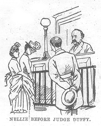 Two women stand before a seated man with another man standing by labeled Nellie before Judge Duffy.
