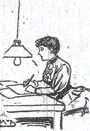 A woman seated at a table writing with a lamp hanging down
