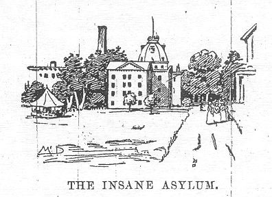 The exterior of a group of buildings set amongst some trees and lawn labeled The insane asylum.