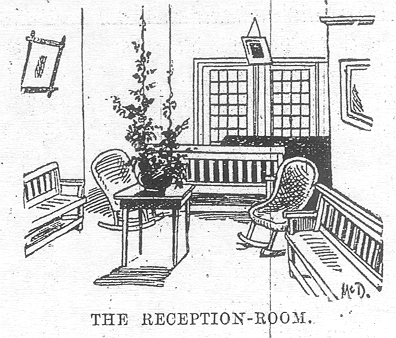 A room lined with benches with a plant on a table in the center labeled The reception-room.