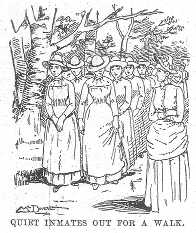A large number of women wearing hats walk forming two lines while a woman in a bonnet walks to their side labeled Quiet inmates out for a walk.