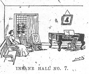 A woman is seated in the corner of a room by a windwo with a grand piano against the wall labeled Insane Hall No. 7.