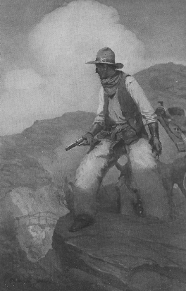 cowboy holding gun standing in rocky landscape