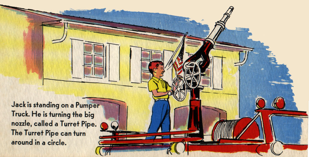 Jack manning the wheel of a turret pipe in the bed of a pumper truck.