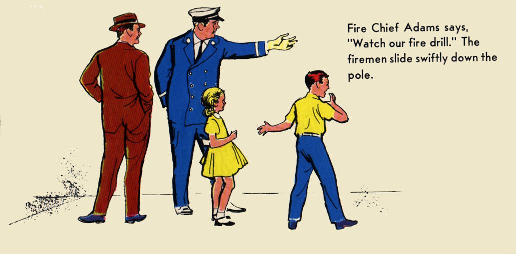 The Fire Chief pointing while father, Jack, and Sue looking on. Jack seems surprised.