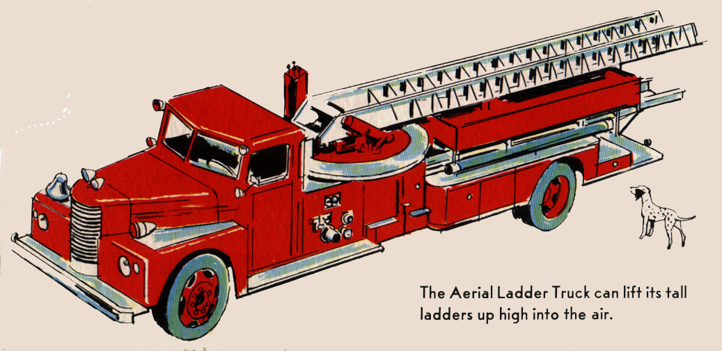 An aerial ladder truck with a long ladder in back. Spots the dalmation stands nearby.