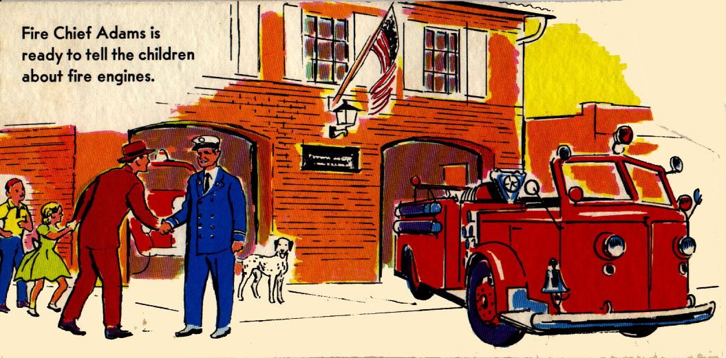 Jack, Sue, and their father meeting the Fire Chief at a brick fire station with a dalmation and fire truck in front.