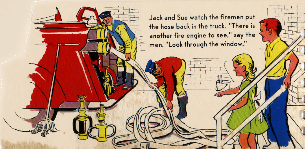 Two firemen at the station folding the hose into the bed of a fire truck. Jack and Sue stand nearby.