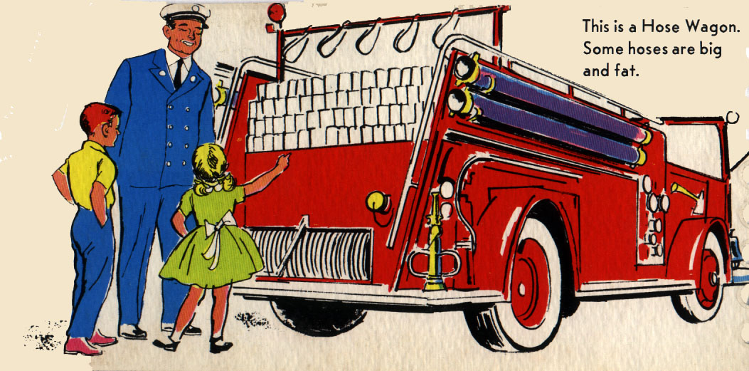 The Fire Chief, Jack, and Sue looking at a hose neatly folded in the truck bed of a hose wagon.