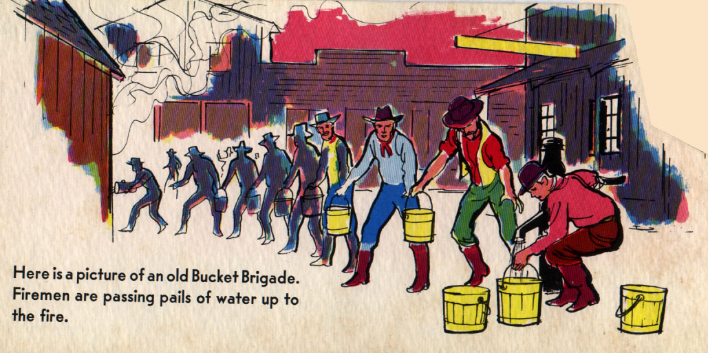A row of firemen passing waterbuckets.