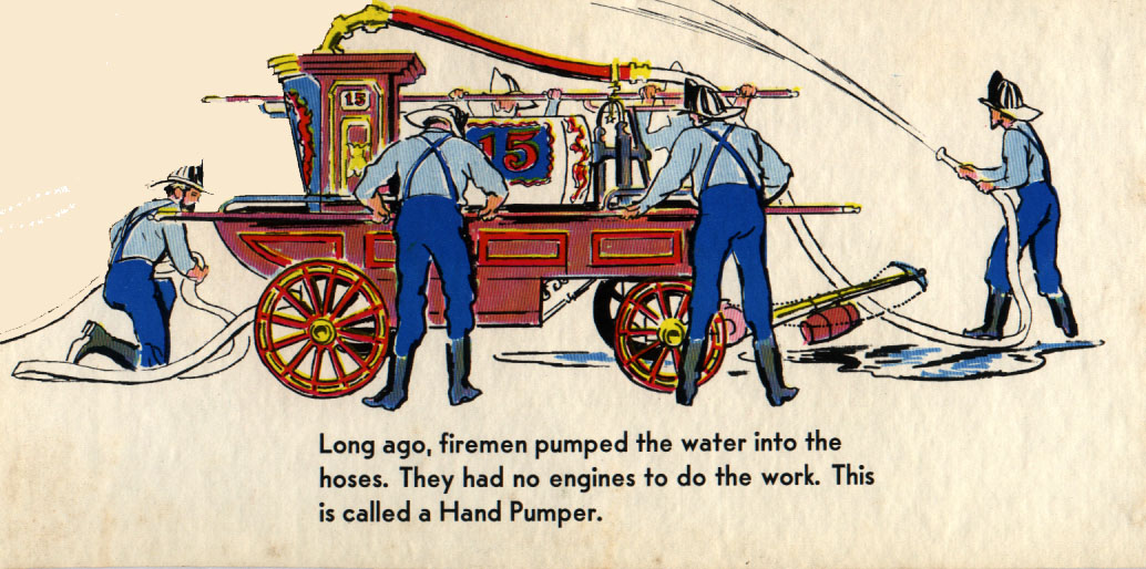 Four firemen filling a hose with water from an antique fire wagon.
