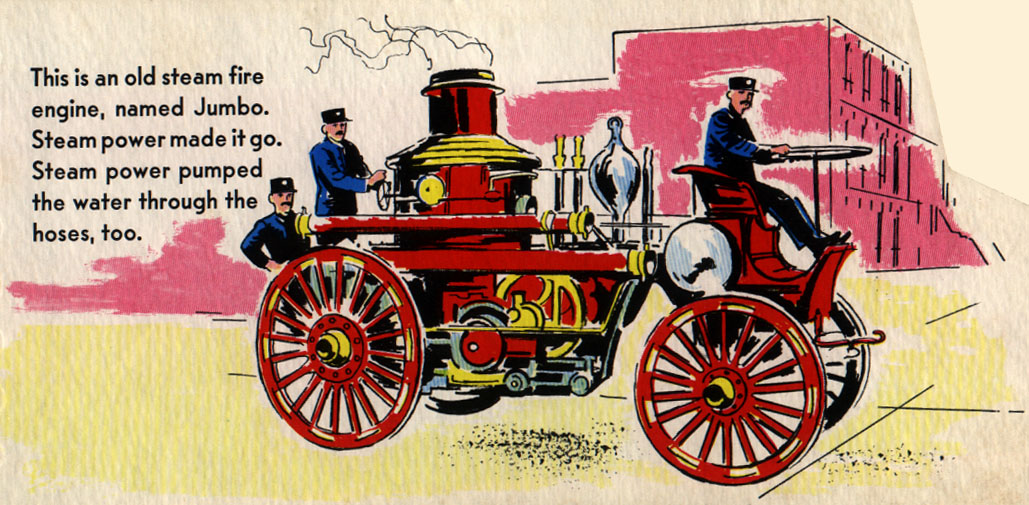 Firemen driving an antique steam fire engine. Steam emits from the engine's chimney.