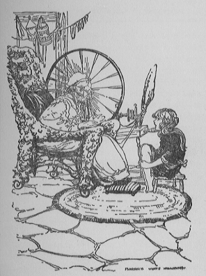 old woman seated in chair with young girl sitting before her, spinning wheel in background