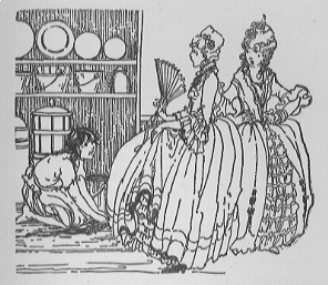 two nicely dressed girls watching a third girl in rags cleaning the floor