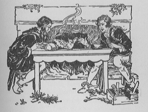 two brothers sitting at table in front of fire, a cuckoo has appeared on the table