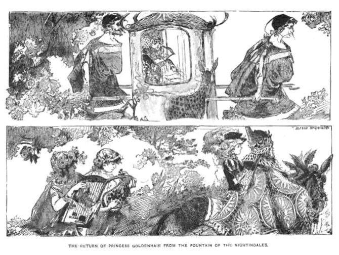 top image: the princess being carried through the forest in a chariot. a fawn stops to admire her. bottom image: the prince and princess heading home. the caption reads the return of Princess Goldenhair from the fountain of the nightingales.