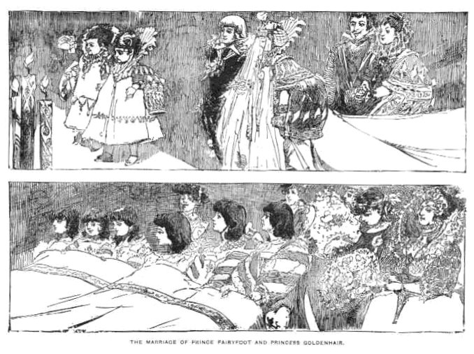 top image: the prince and princess in their wedding finest. bottom image: the end of the princess's train being carried by several people. the caption reads, the marriage of Prince Fairyfoot and Princess Goldenhair