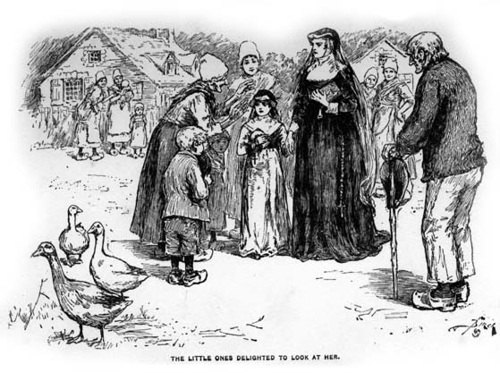 village scene, Elizabeth and her aunt surrounded by adults and children all gazing toward her. There are some geese in the foreground and some houses and people in the background.The caption reads The little ones delighted to look at her.