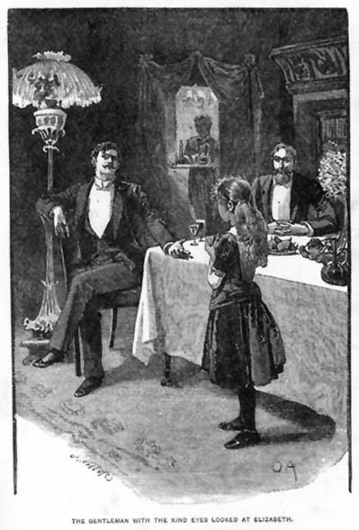 Dr. Norris and Uncle Bertrand seated at the dining table, Elizabeth standing before them. the caption reads the gentleman with the kind eyes looked at Elizabeth.