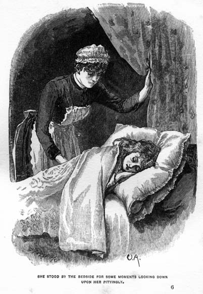 maid watching kindly over Elizabeth as she sleeps. The caption reads, she stood by the bedside for some moments looking down upon her pittyingly.