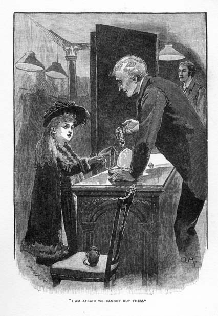 Elizabeth presenting the jewels to the jeweler.the caption reads, I am afraid we cannot buy them.