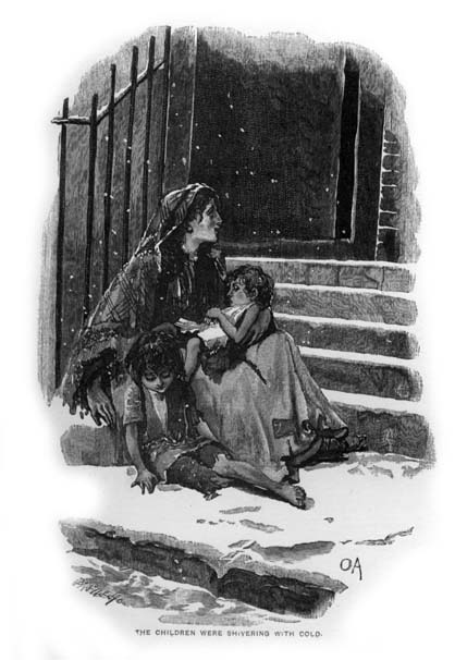 Mother and two children outside in the snow, sitting on some stairs. The caption reads, the children were shivering with cold. 