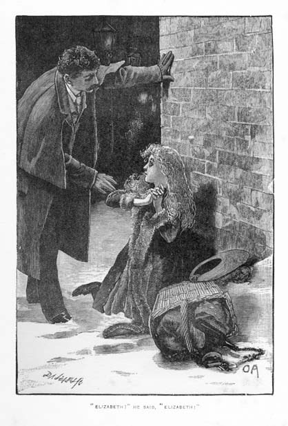 Elizabeth seated on the snow leaning against a brick wall, Uncle Bertrand tapping her on the shoulder. the caption reads, Elizabeth he said, Elizabeth.