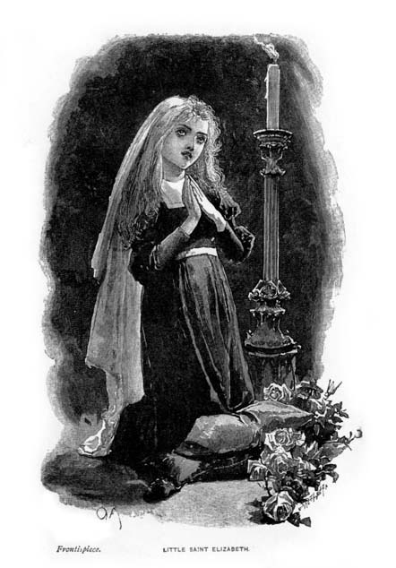illustration of a young girl kneeling on a pillow with her hands in prayer. she is gazing up toward a candle on a tall ornate pillar. there are roses on the ground before her.