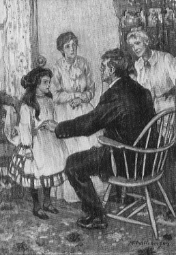 Doctor in chair, child stands before him, two concerned women stand to the side.