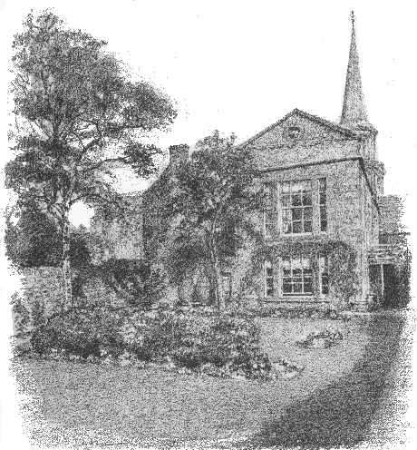 House and gardens, steeple behind.