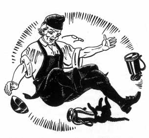 A man in a cap and apron falls dropping a bowl and tankard while a pitcher lodges on the head of the cat.