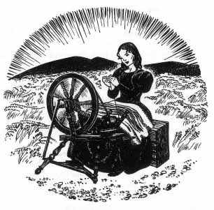 A young woman sits in a field spinning flax at her spinning wheel.