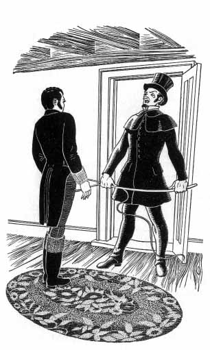A man in top hat and coat holding a whip stands in a doorway speaking to another man.