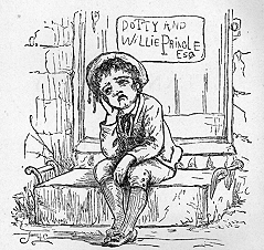A boy sits on a stoop crying with his chin in his hand.