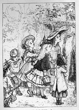 A group of five girls and a boy stand on a wooded path.