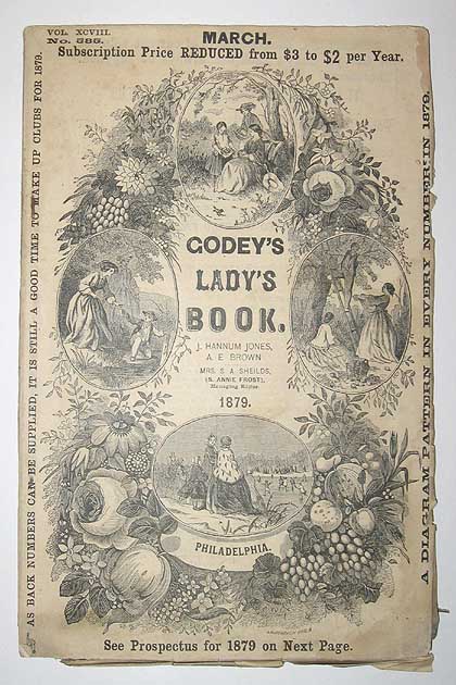 magazine cover, flowers and fruit surround pastoral scenes of women
